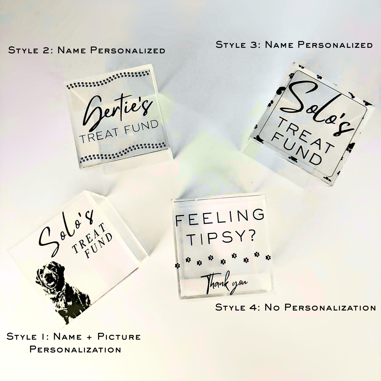 Personalizable acrylic tip jar attachments for the Solo Shot Saddle dog harness, secured with hook and loop and customized with the dog’s name and photo.