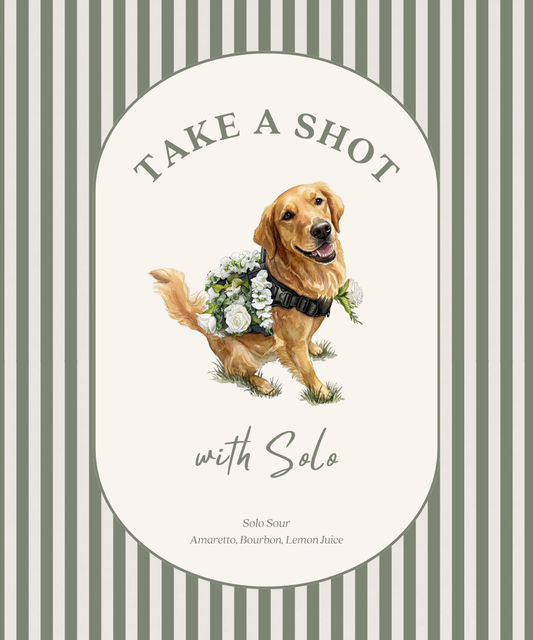 Flat view of a custom mini-liquor bottle label: sage green stripes, an arched 'Take a Shot with Solo' headline, a golden retriever in a flower-trimmed harness, and the cocktail ingredients.