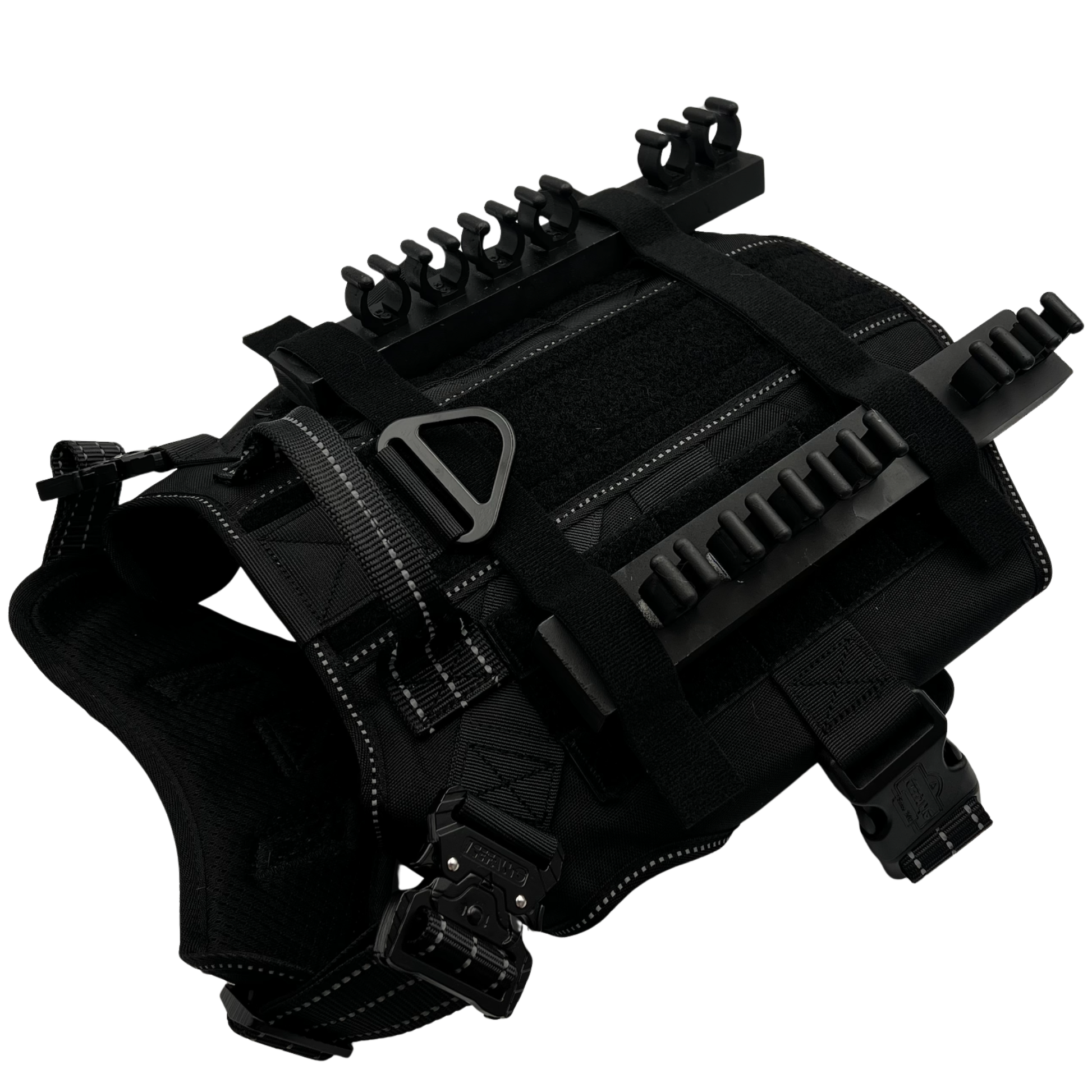 Solo Shot Saddle 2-row dog harness with all-black design and black bars, barktender drink-serving accessory for weddings and events by Solo Saber & Co.