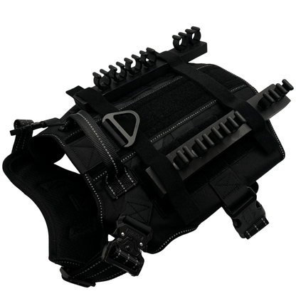 Solo Shot Saddle 2-row dog harness with all-black design and black bars, barktender drink-serving accessory for weddings and events by Solo Saber & Co.