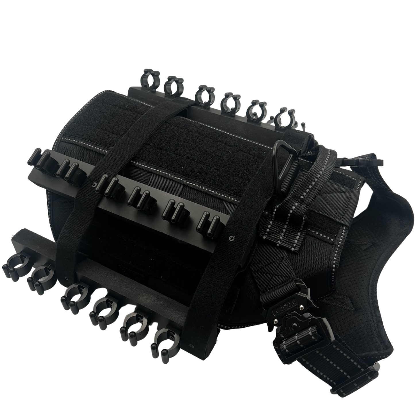 Solo Shot Saddle 4-row dog harness with all-black design and black bars, barktender drink-serving accessory for weddings and events by Solo Saber & Co.