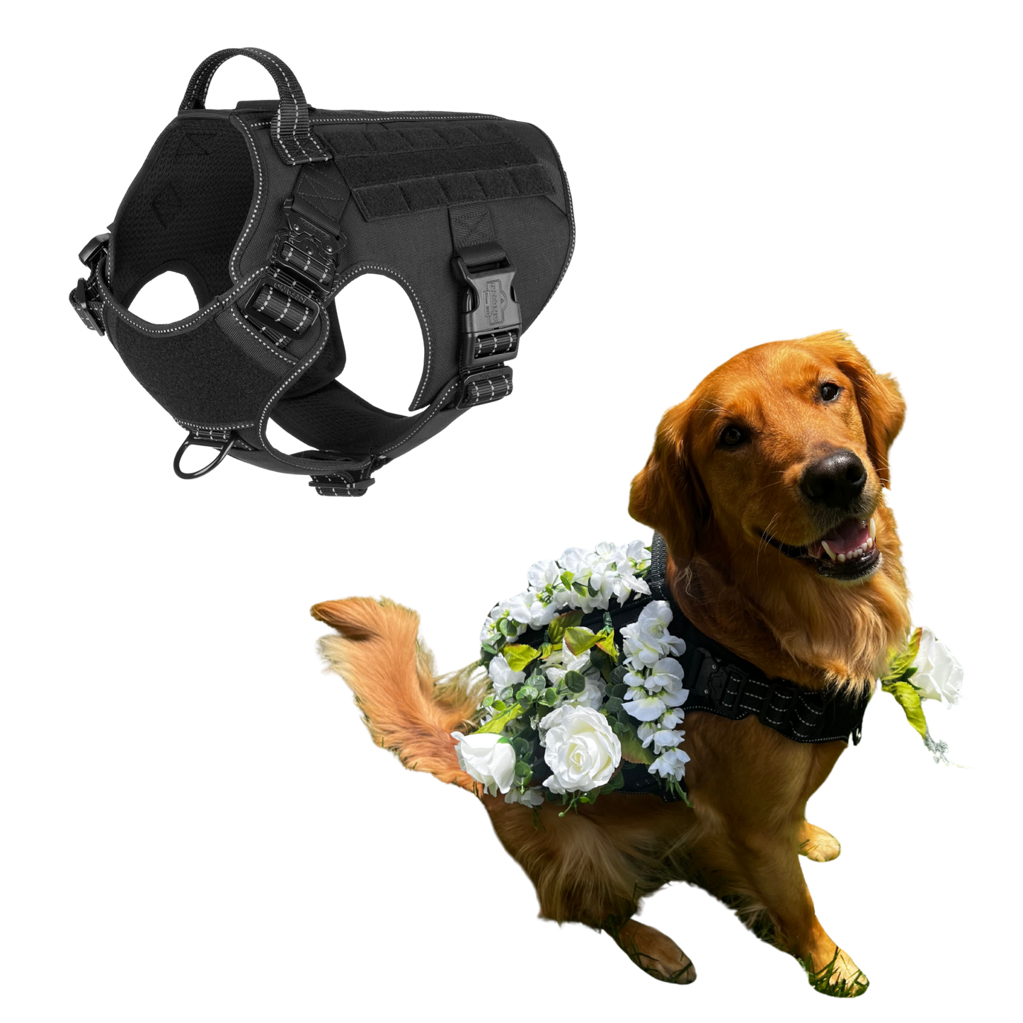Wedding dog Flower Girl harness attachment decorated with white roses and greenery by Solo Saber & Co.
