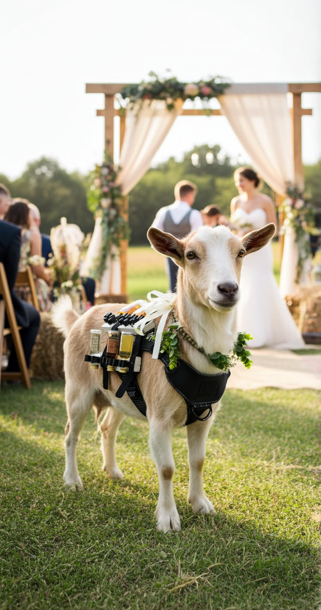 Goat decorated with a black harness and floral wreath at an outdoor wedding ceremony. Wearing Solo Shot Saddle