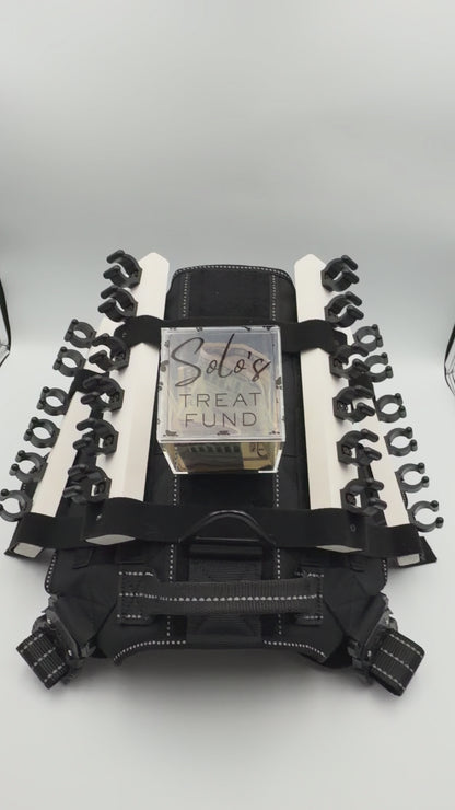 Personalizable acrylic tip jar attachments for the Solo Shot Saddle dog harness, secured with hook and loop and customized with the dog’s name and photo.
