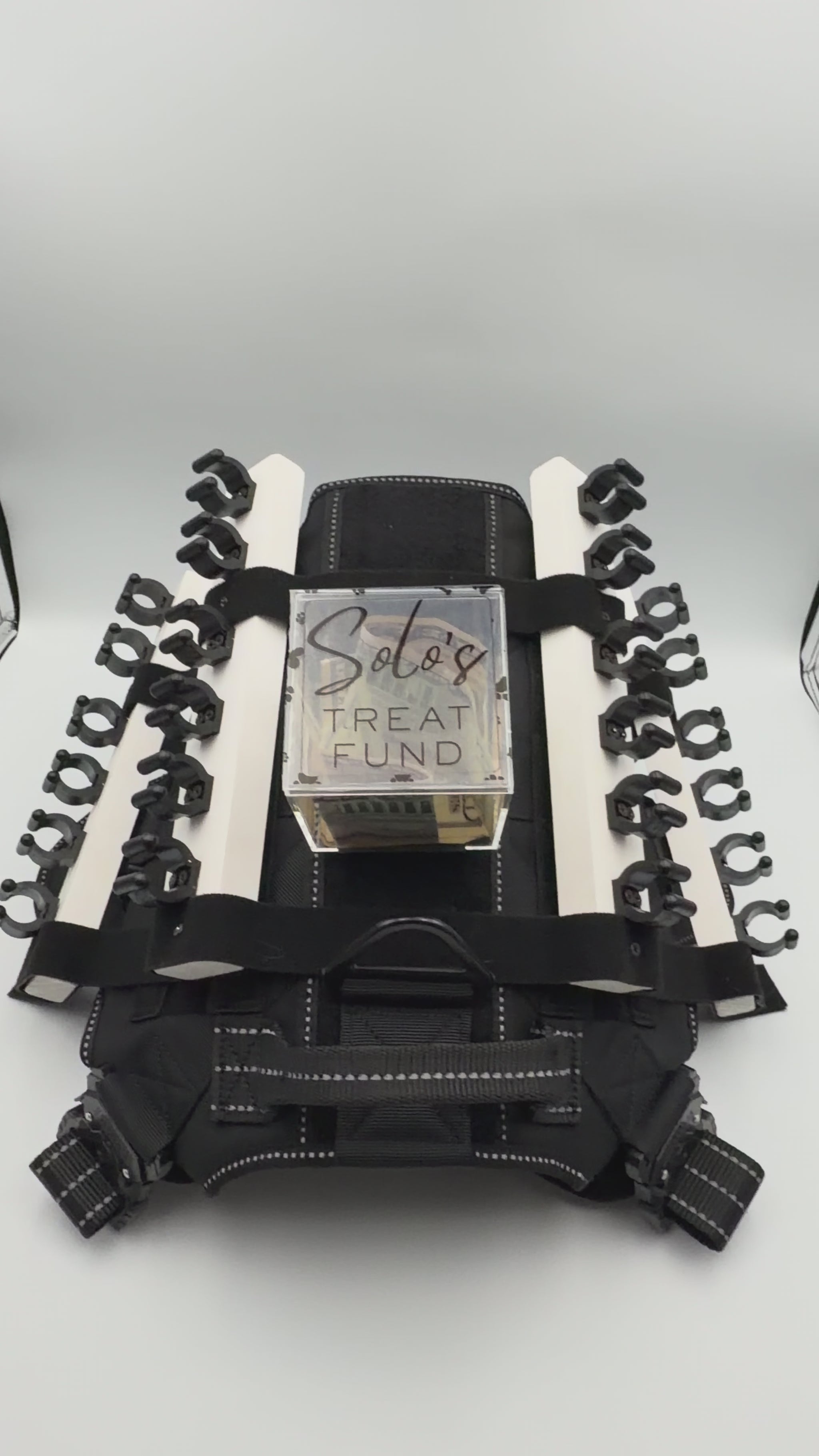 Personalizable acrylic tip jar attachments for the Solo Shot Saddle dog harness, secured with hook and loop and customized with the dog’s name and photo.