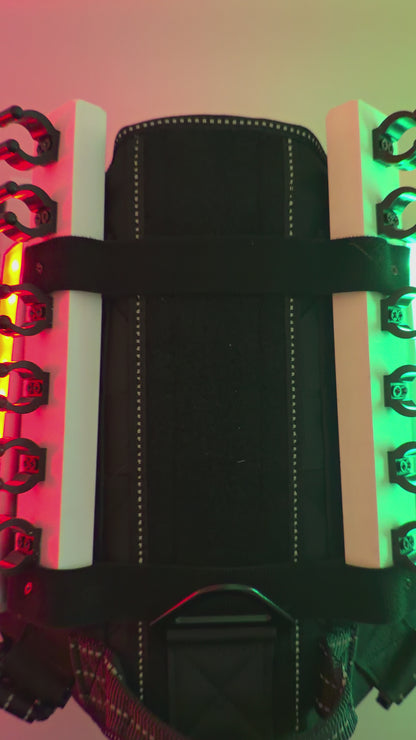 Light-up LED dog harness attachment for wedding barktender dogs, illuminated pet accessory by Solo Saber & Co.