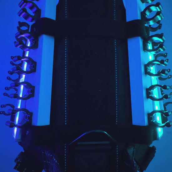 Glowing LED dog harness attachment for nighttime weddings and barktender dogs by Solo Saber & Co.