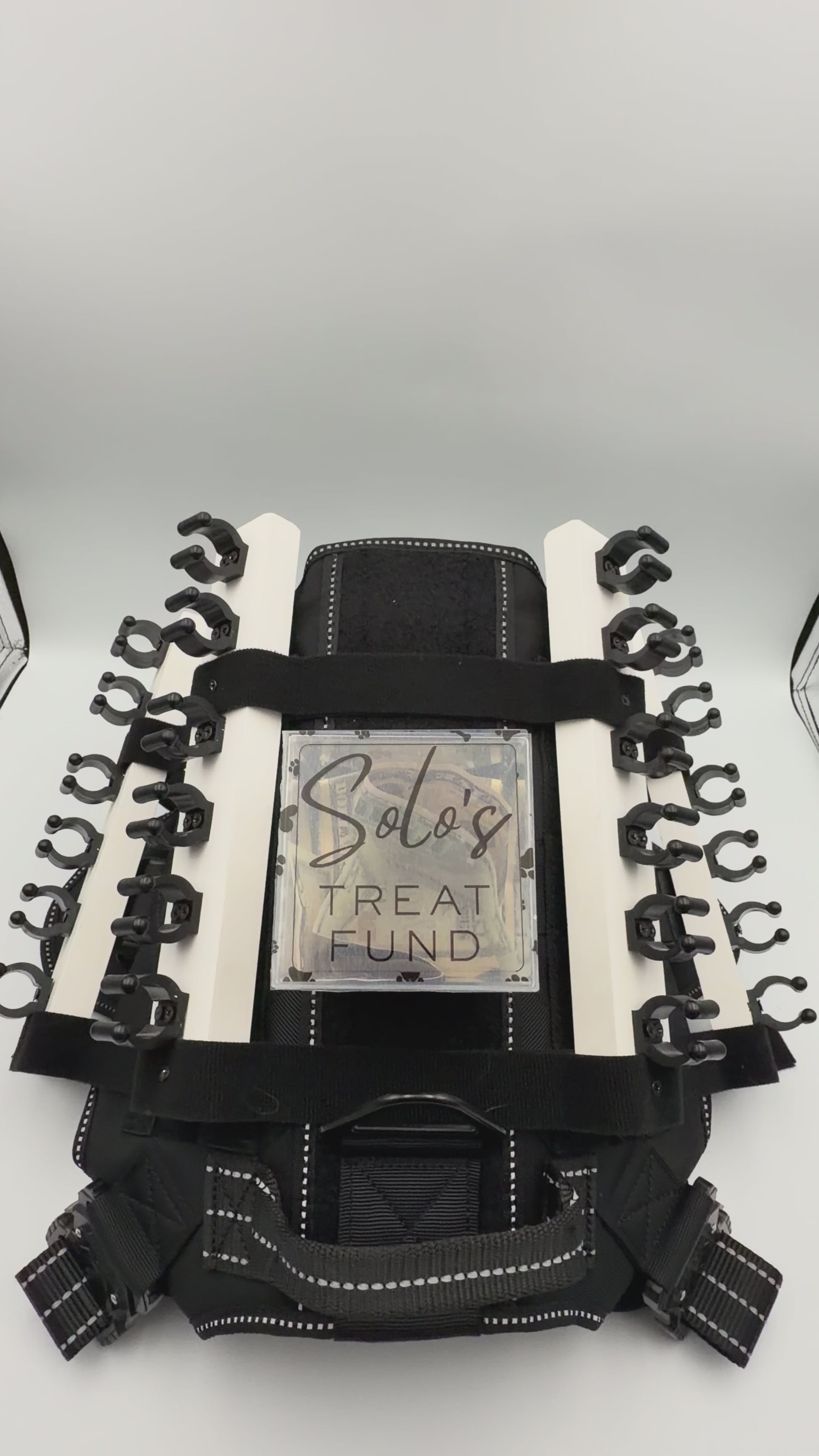 Personalizable acrylic tip jar attachments for the Solo Shot Saddle dog harness, secured with hook and loop and customized with the dog’s name and photo.