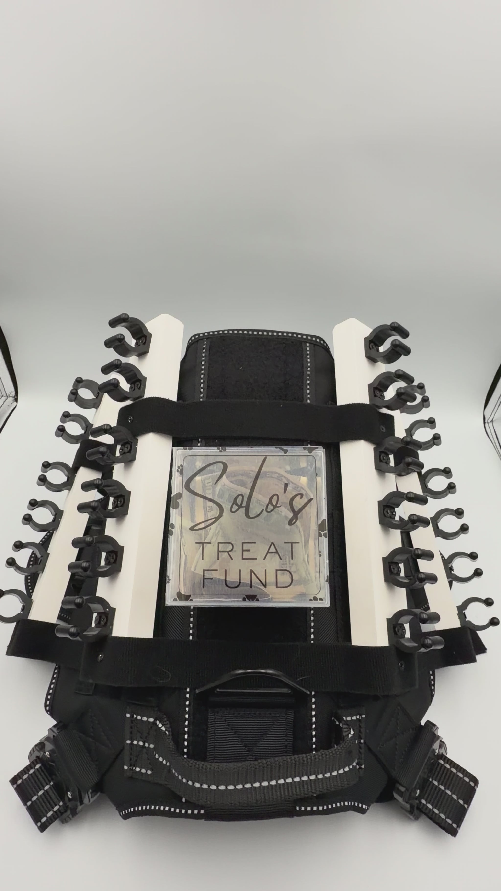 Personalizable acrylic tip jar attachments for the Solo Shot Saddle dog harness, secured with hook and loop and customized with the dog’s name and photo.