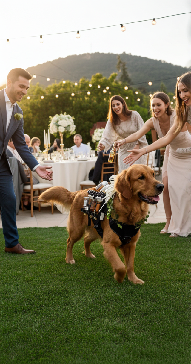 Dog in a solo shooter saddle modular dog harness at an outdoor wedding reception with guests and tables in the background. The dog is serving alcohol mini liquor shooter bottles.